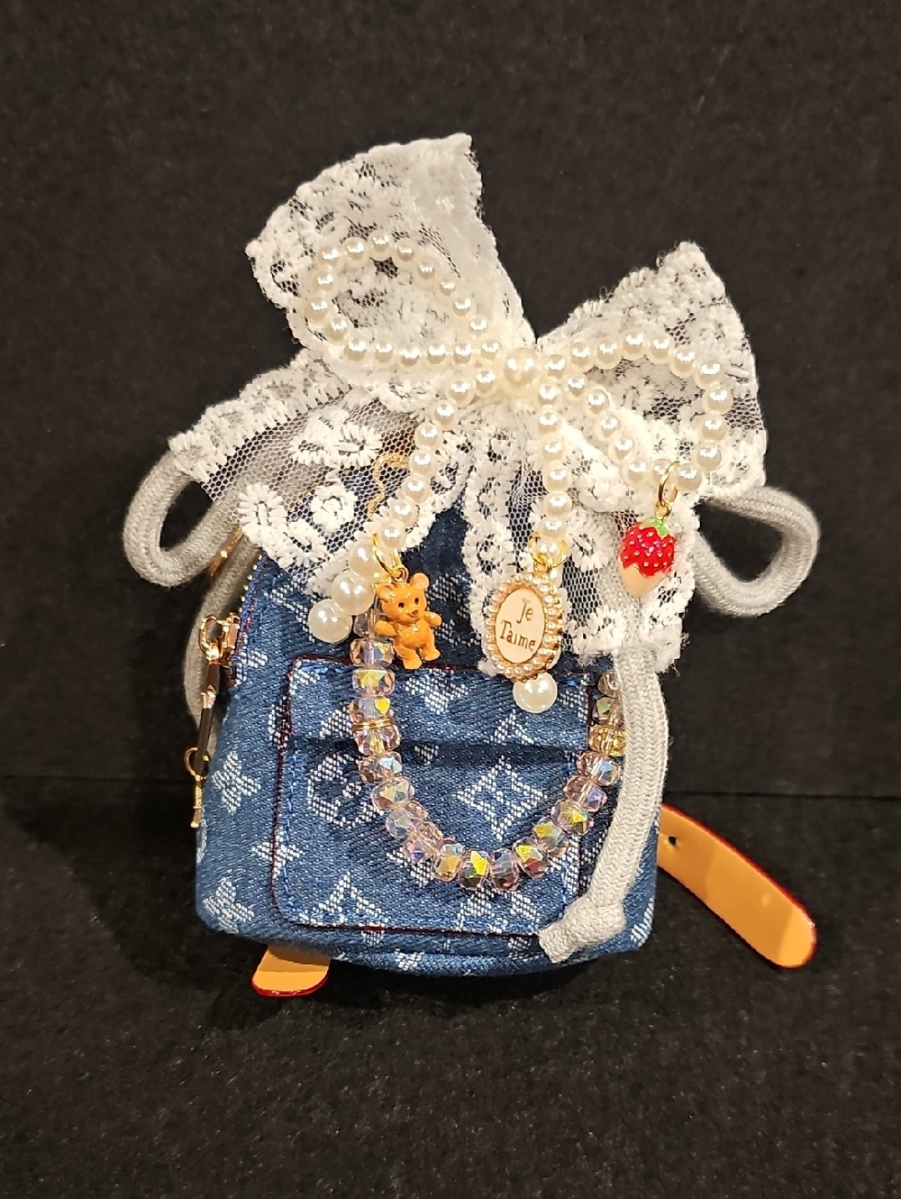 Soft Denim Mini Backpack Charm with Lace Bow & Pearls